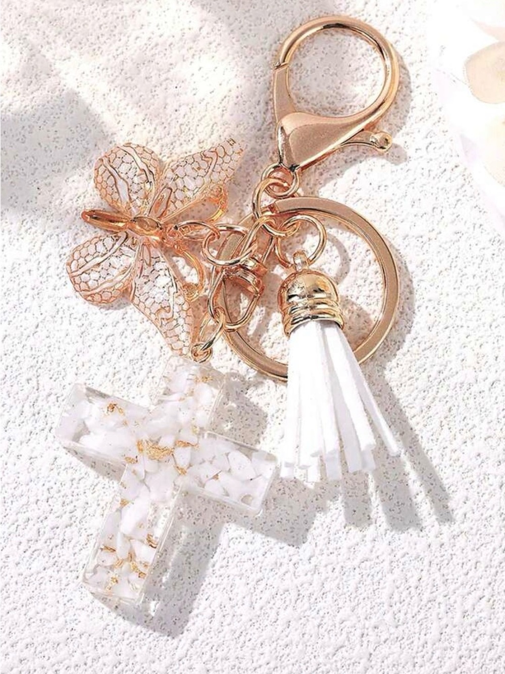 Gold Cross and Tassel Keychain - White Accent